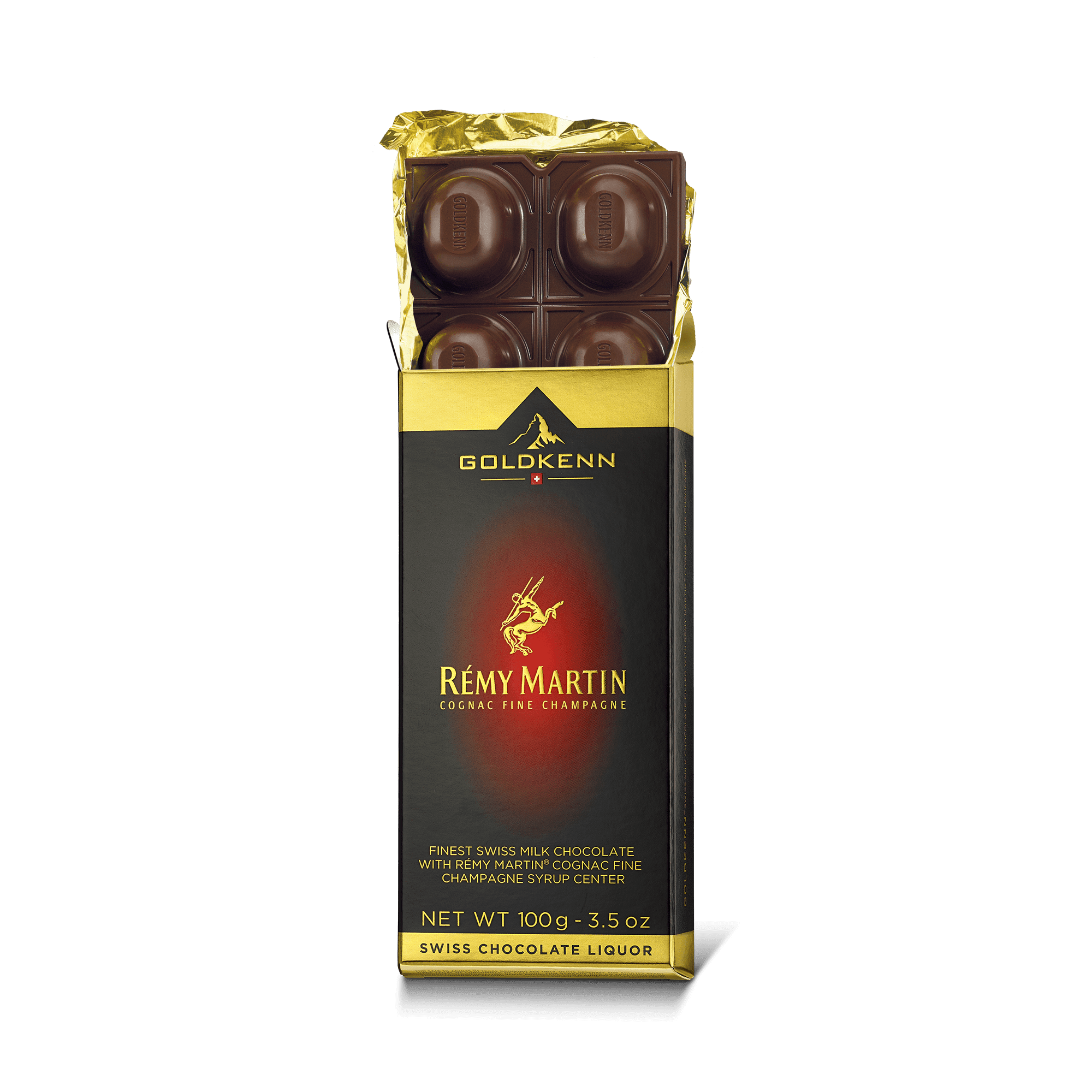 Goldkenn 37% Milk Chocolate Bar with Rémy Martin® Cognac Fine Champagne Syrup Center Open-min