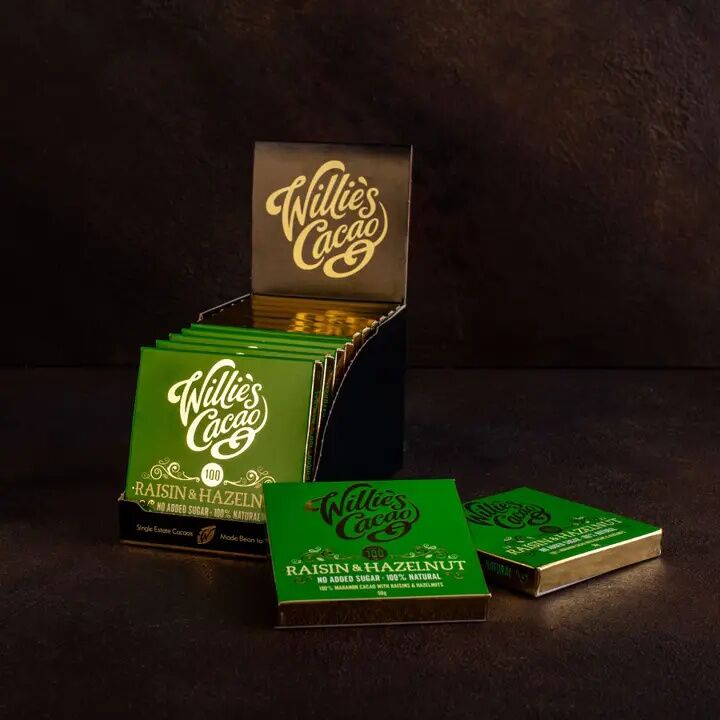Willie's Cacao Peru 100% Cacao Bar with Raisin & Hazelnut Case