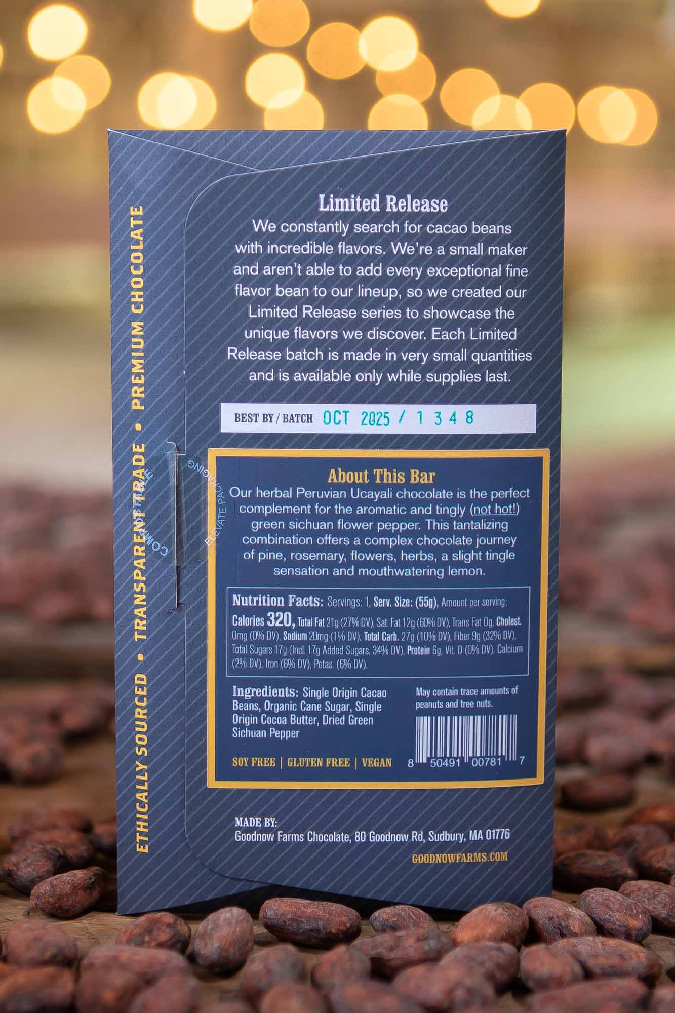 Goodnow Farms Peru 70% Dark Chocolate Bar with Herbaceous Green Sichuan Pepper Back