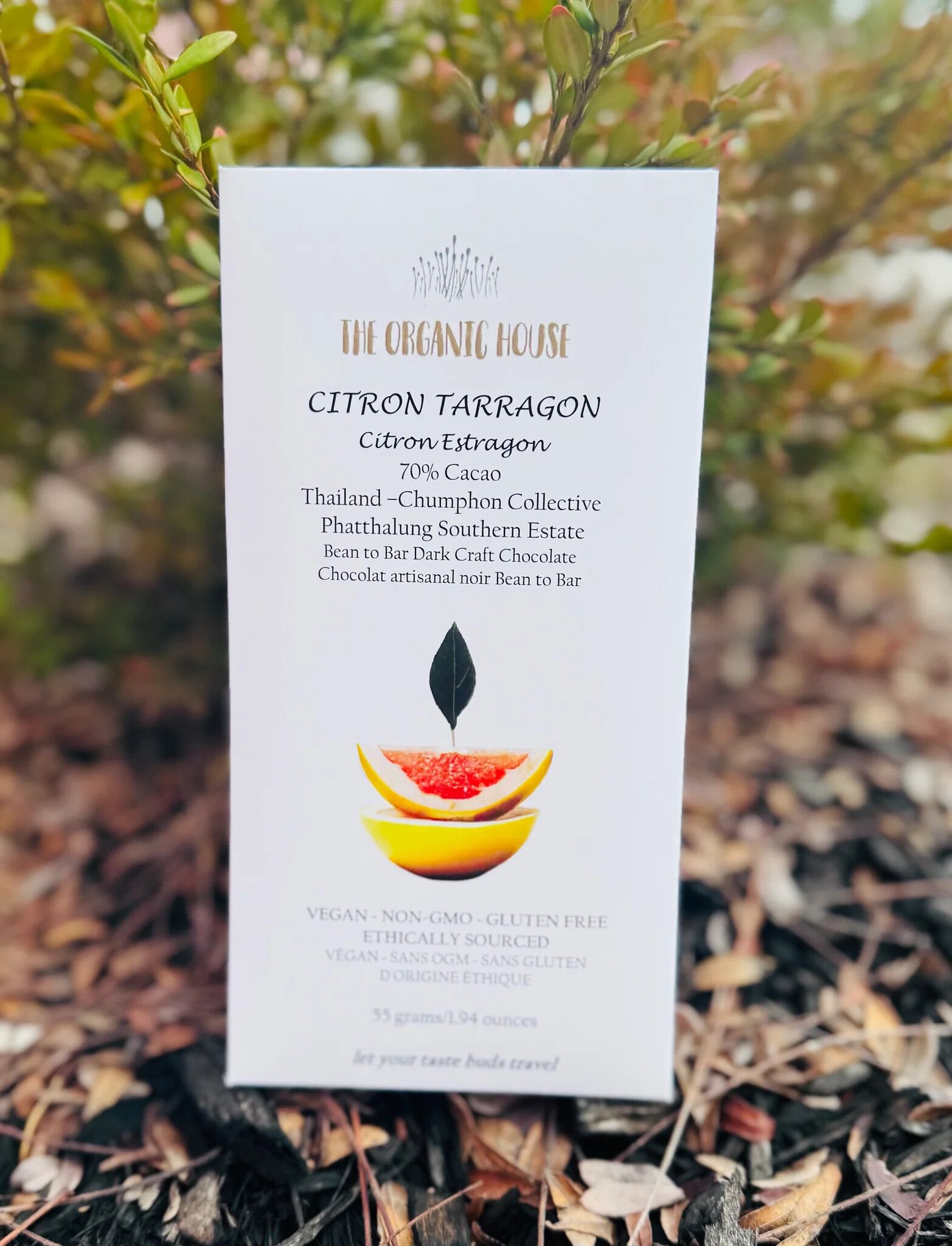 The Organic House Thailand 70% Dark Chocolate Bar with Citron Tarragon
