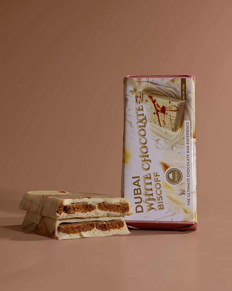 Omniya Delicacy Dubai Biscoff White Chocolate Bar Open Lifestyle