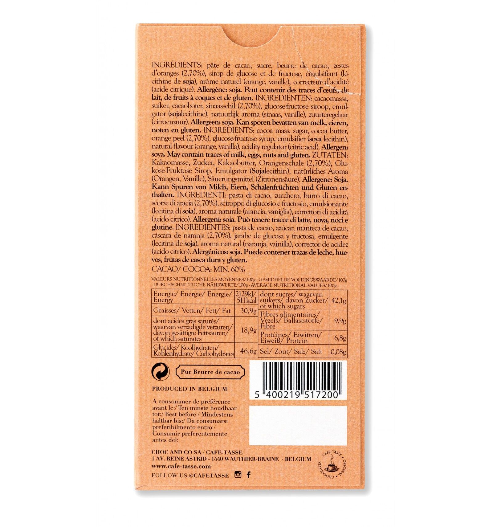 Café-Tasse 60% Dark Chocolate Bar with Orange Back