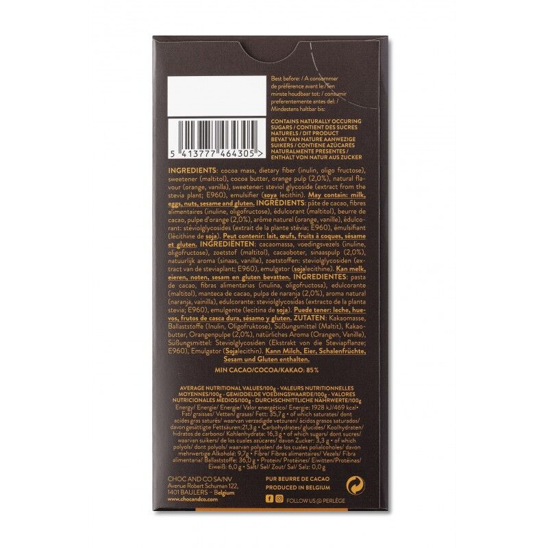 Perlège No-Sugar-Added 85% Dark Chocolate Bar with Orange Back