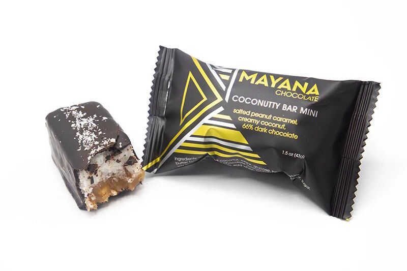 Mayana Chocolate Coconutty Bar 66% Dark Chocolate Bar with Salted Peanut Caramel & Creamy Coconut Open Lifestyle
