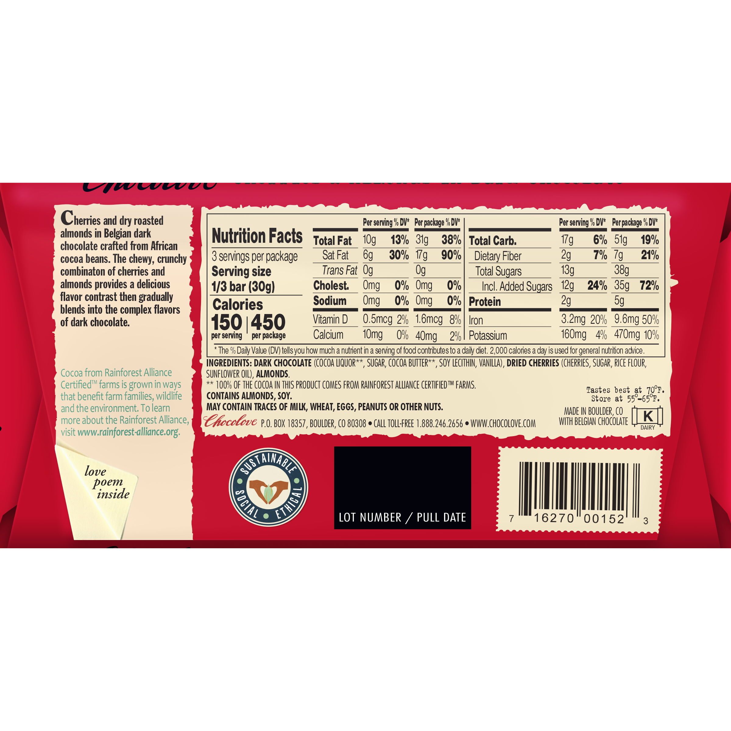 Chocolove 55% Cherries & Almonds Dark Chocolate Bar Back