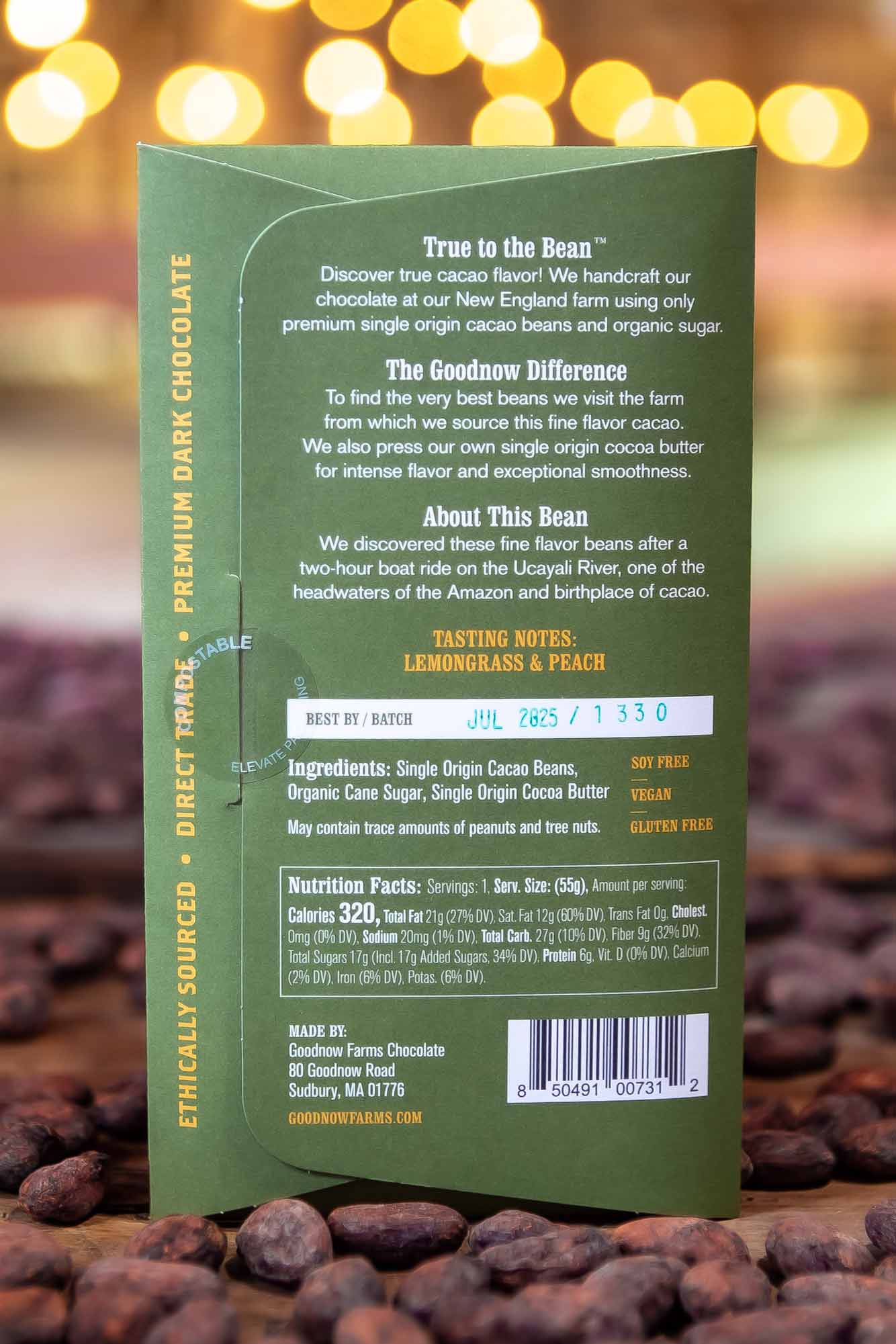 Goodnow Farms Ucayali Peru 70% Dark Chocolate Bar Back