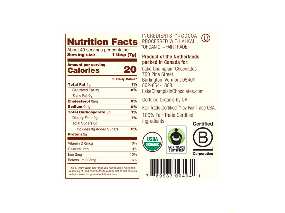 Lake Champlain Chocolates® 100% Unsweetened Cocoa Powder - Nutritional Info