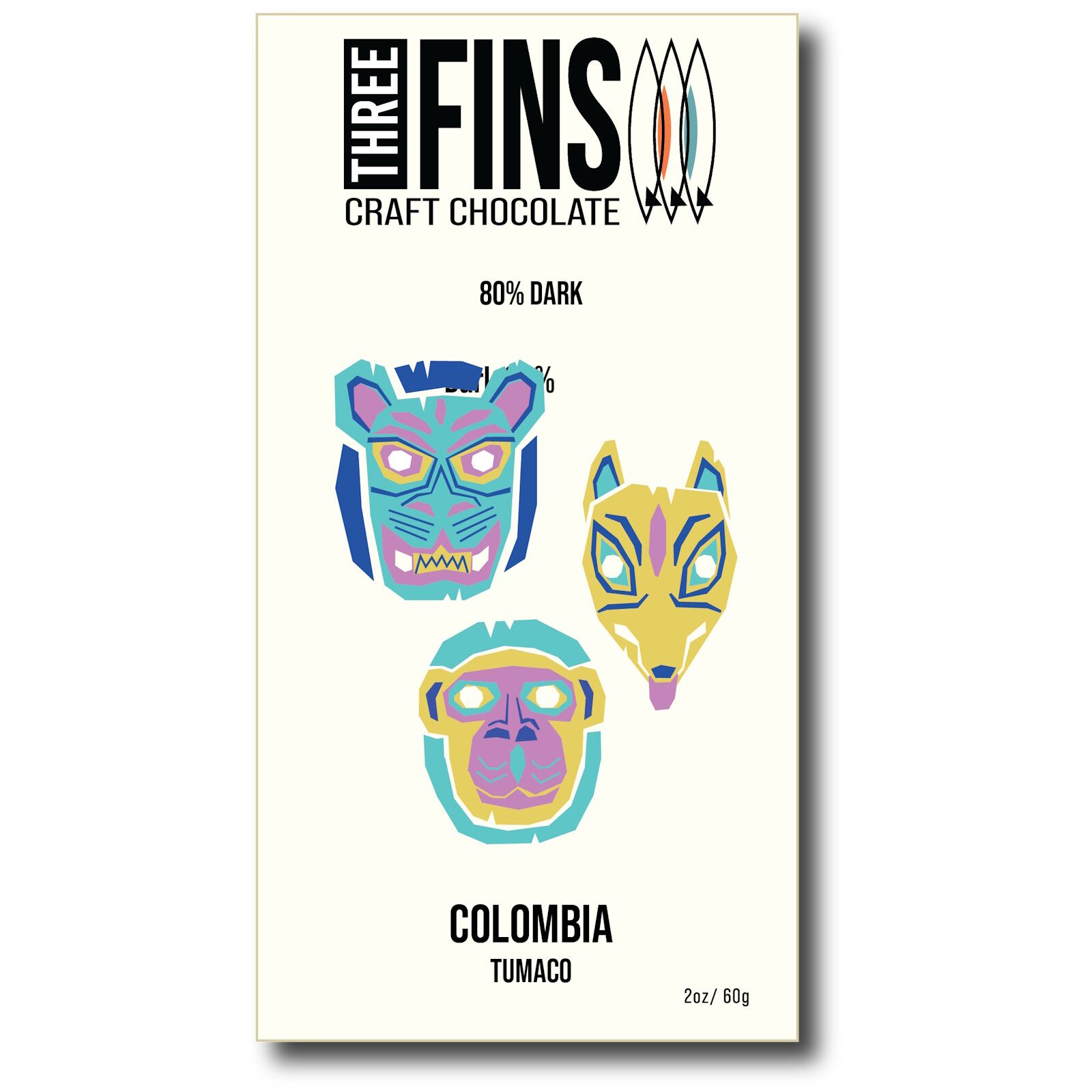 Three Fins Craft Chocolate Tumaco Colombia 80% Dark Chocolate Bar