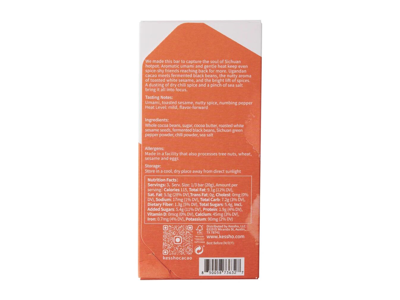 KESSHO Sichuan Hot Pot 62% Dark Chocolate Bar Back