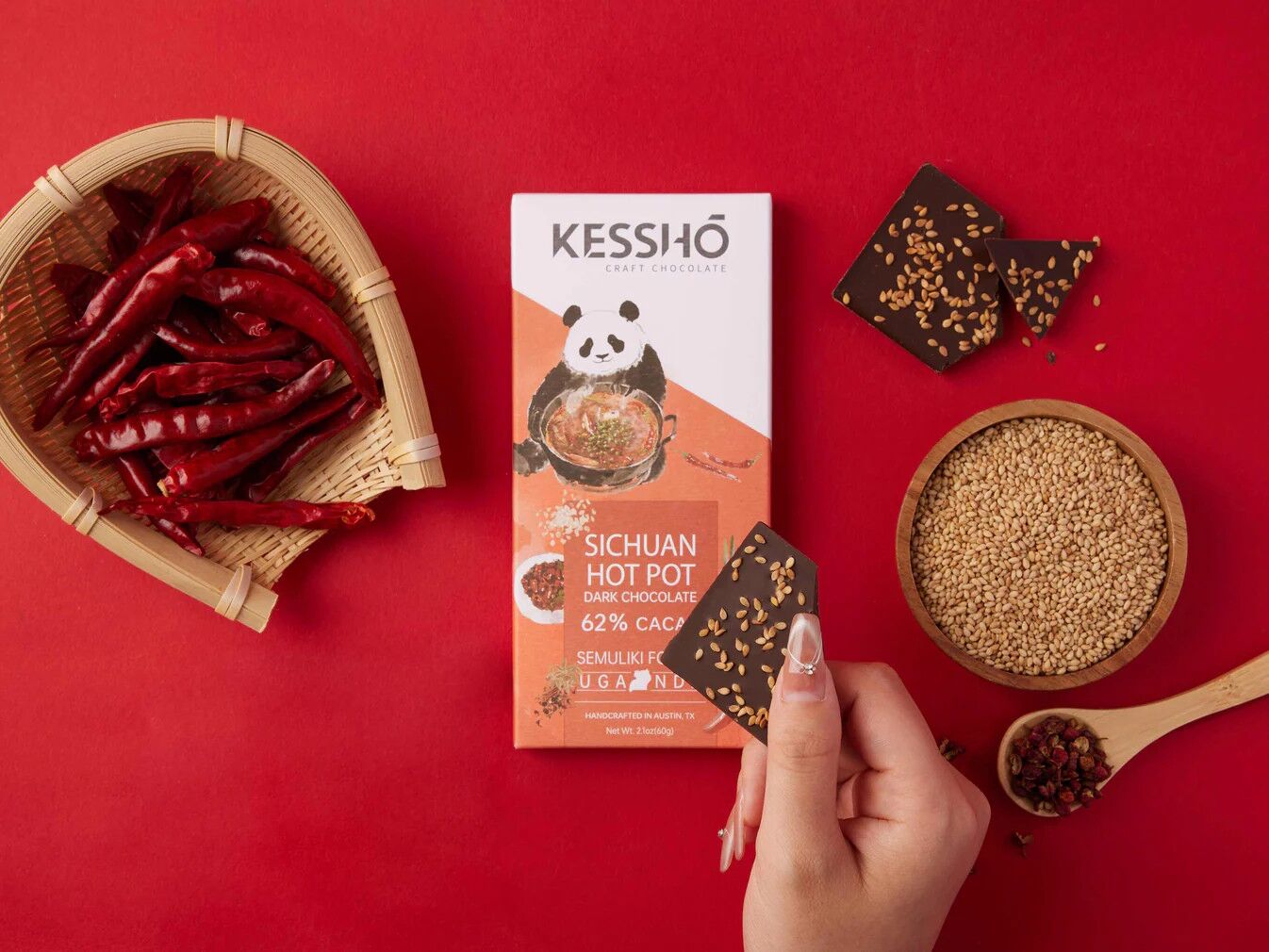KESSHO Sichuan Hot Pot 62% Dark Chocolate Bar Open Lifestyle