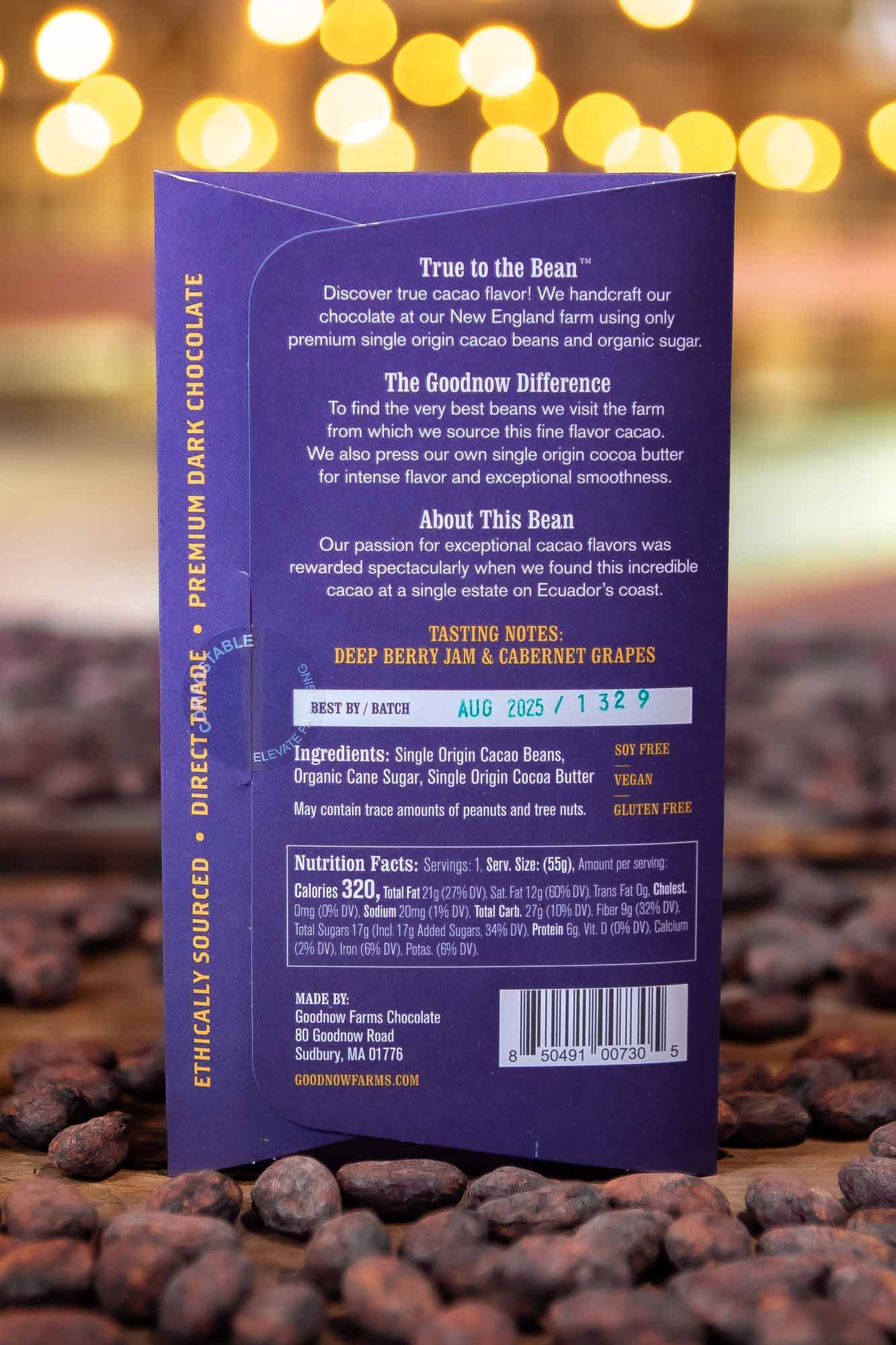 Goodnow Farms Esmeraldas Ecuador 70% Dark Chocolate Bar Back