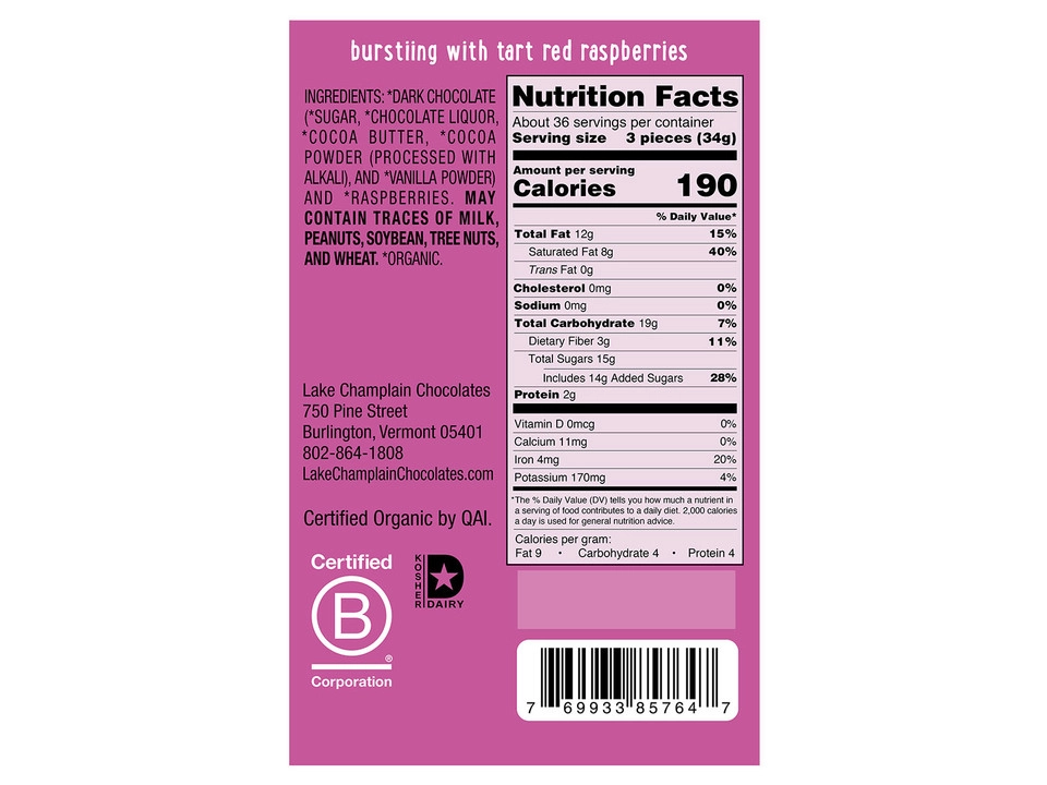 Lake Champlain Chocolates® 57% Dark Chocolate Squares with Raspberries - Nutritional Info