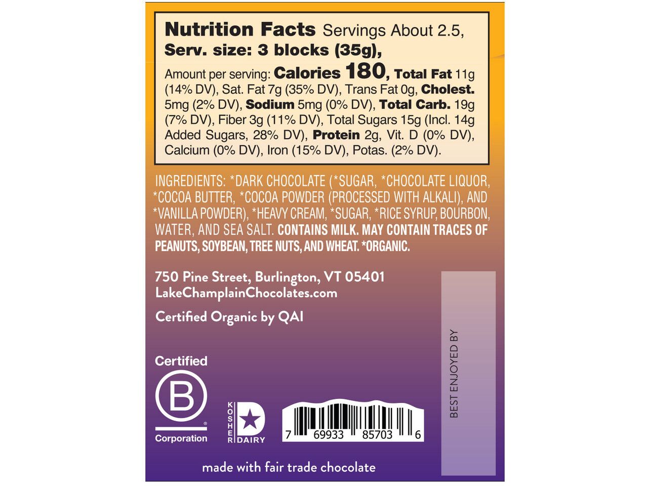 Lake Champlain Chocolates Organic 57% Dark Chocolate Bar with Bourbon Caramel Filling Label