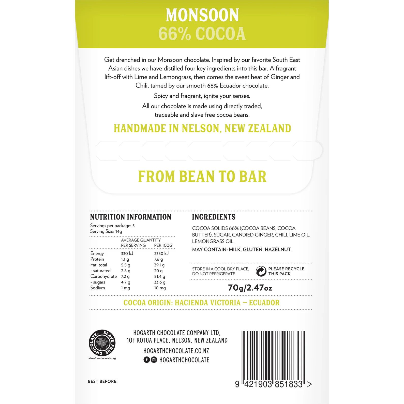 Hogarth Guayaquil Ecuador Monsoon 66% Dark Chocolate Bar with Ginger, Chili, Lime & Lemongrass Back