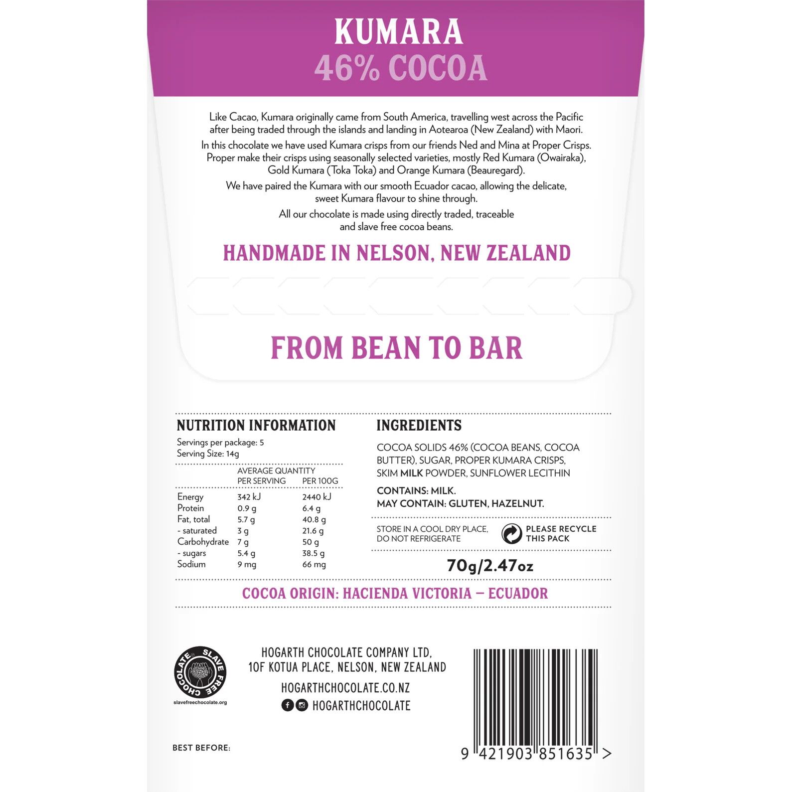 Hogarth Piura Peru Kumara 46% Milk Chocolate Bar with Sweet Potato Back