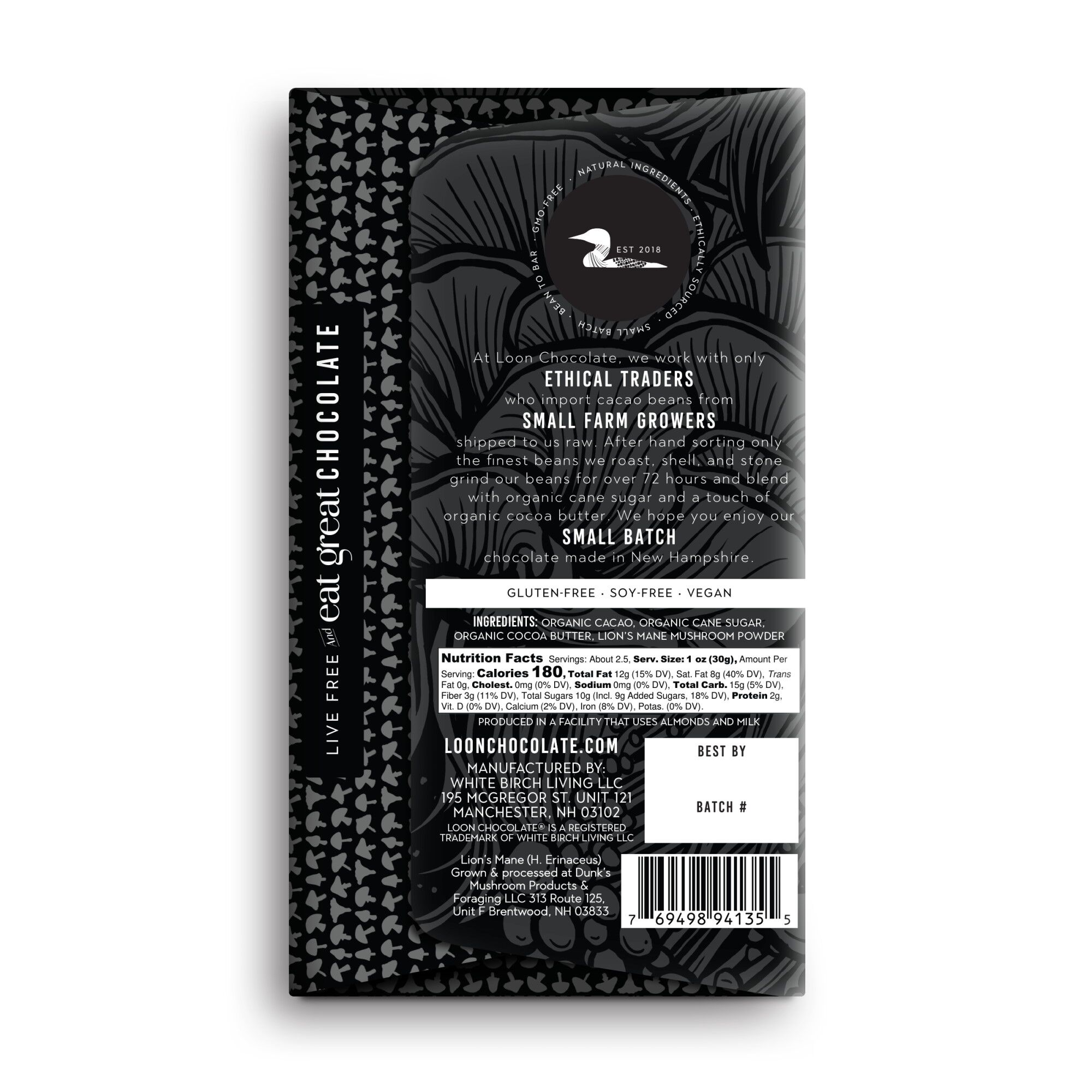 Loon Chocolate 70% Dark Chocolate Bar with Dunk's Mushrooms Lion's Mane Mushroom Back