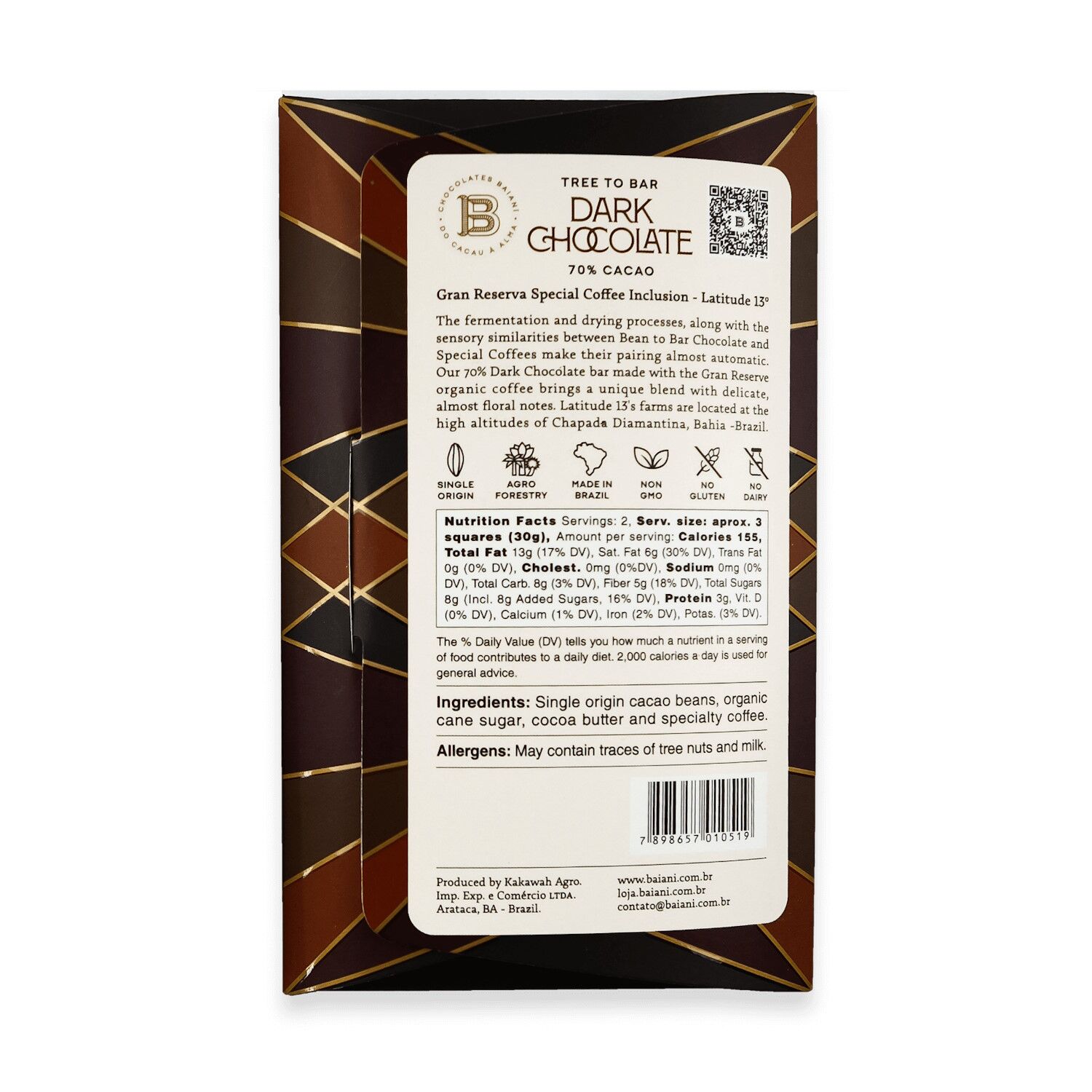Baiani Brazil 70% Dark Chocolate Bar with Gran Reserva Special Coffee Back