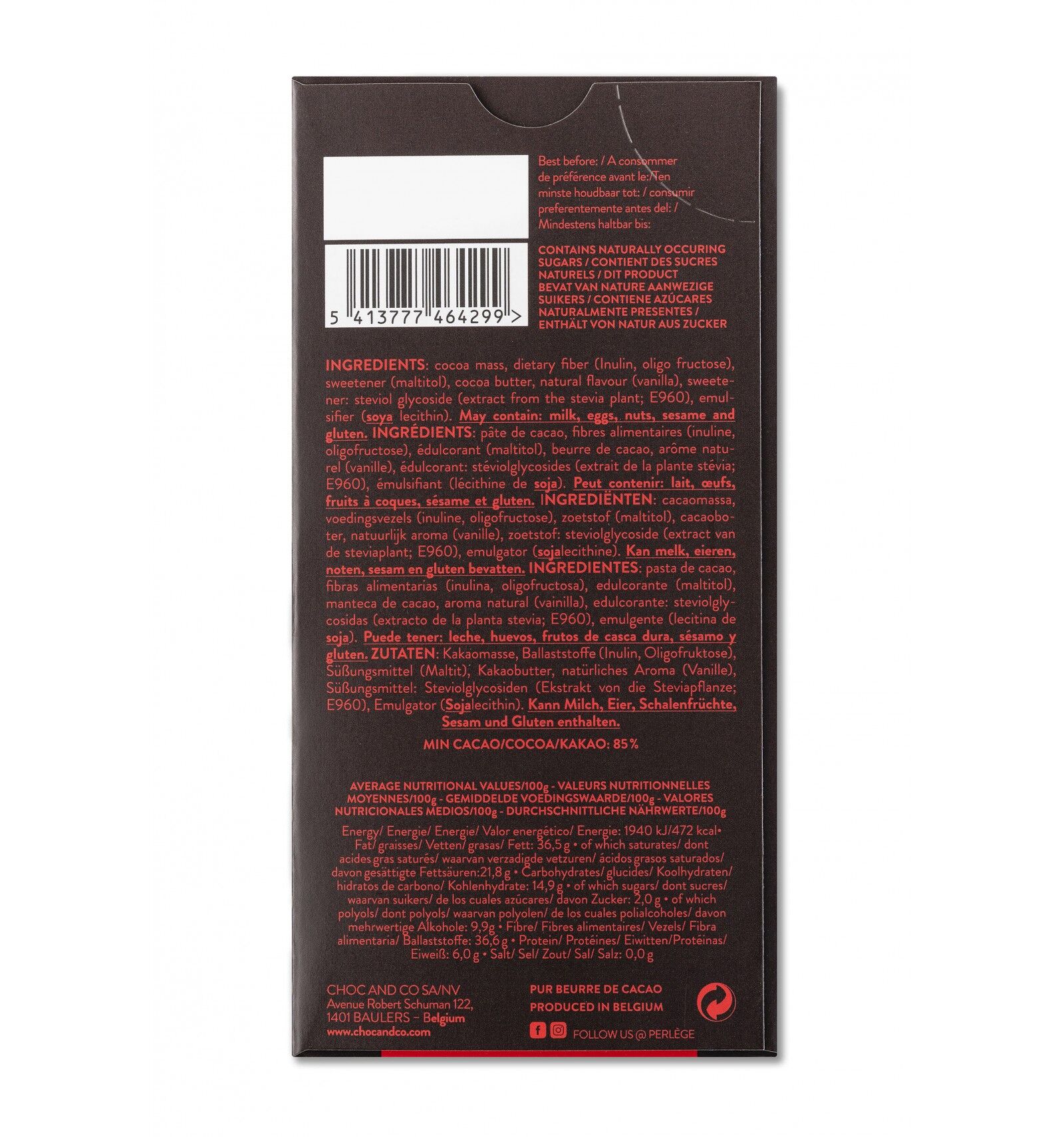 Perlège No-Sugar-Added 85% Dark Chocolate Bar Back