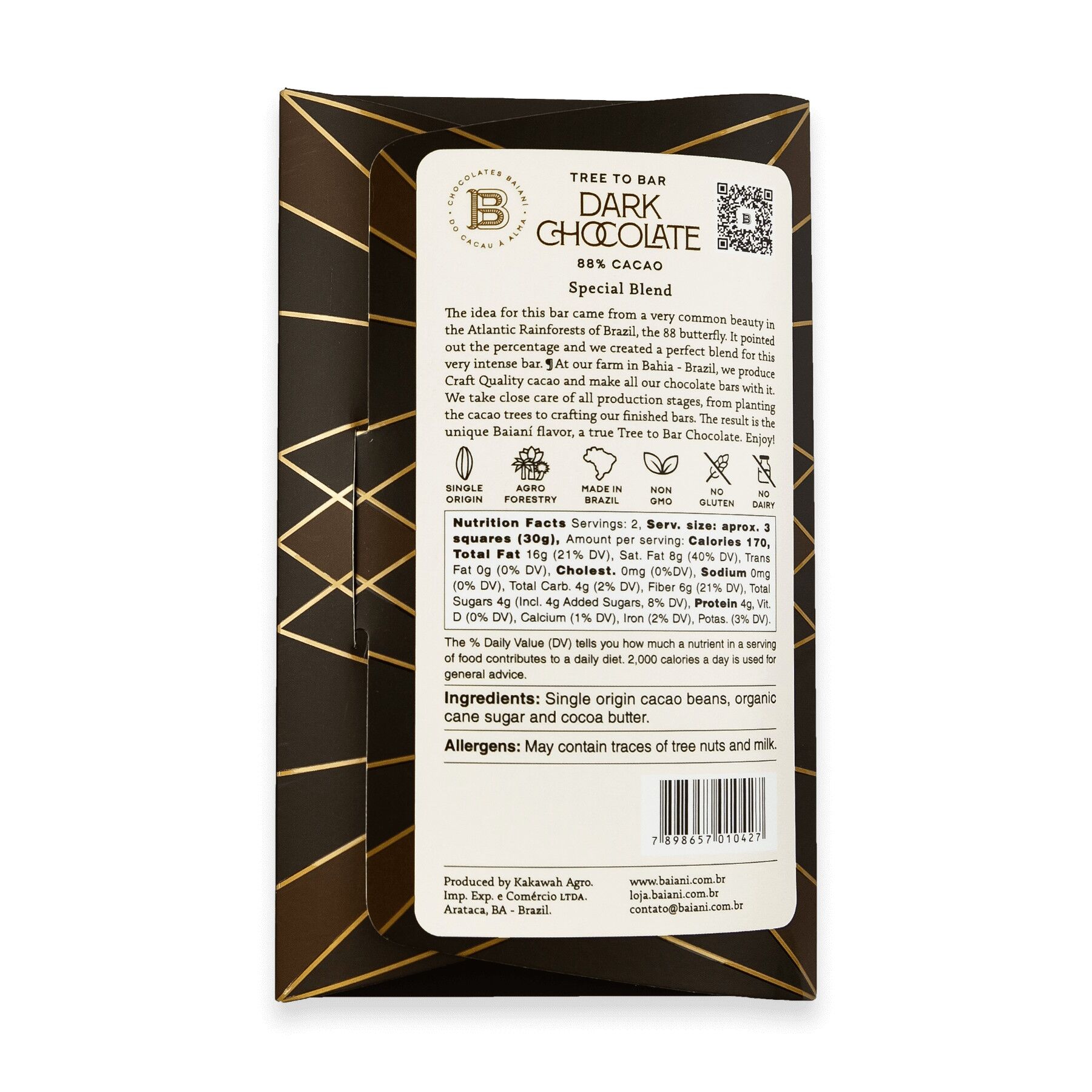 Baianí Brazil 88% Dark Chocolate Bar Back