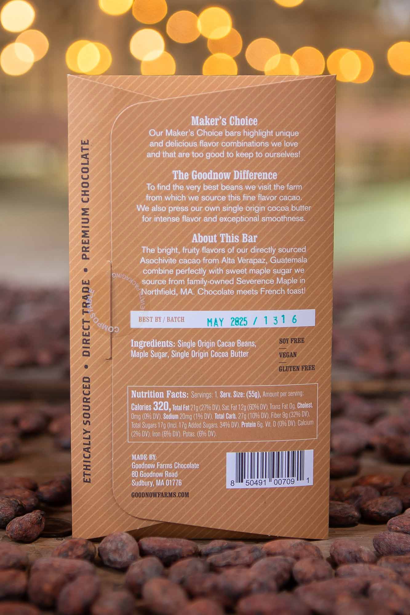 Goodnow Farms Asochivite Guatemala 70% Dark Chocolate Bar with Maple Sugar Nutritional facts