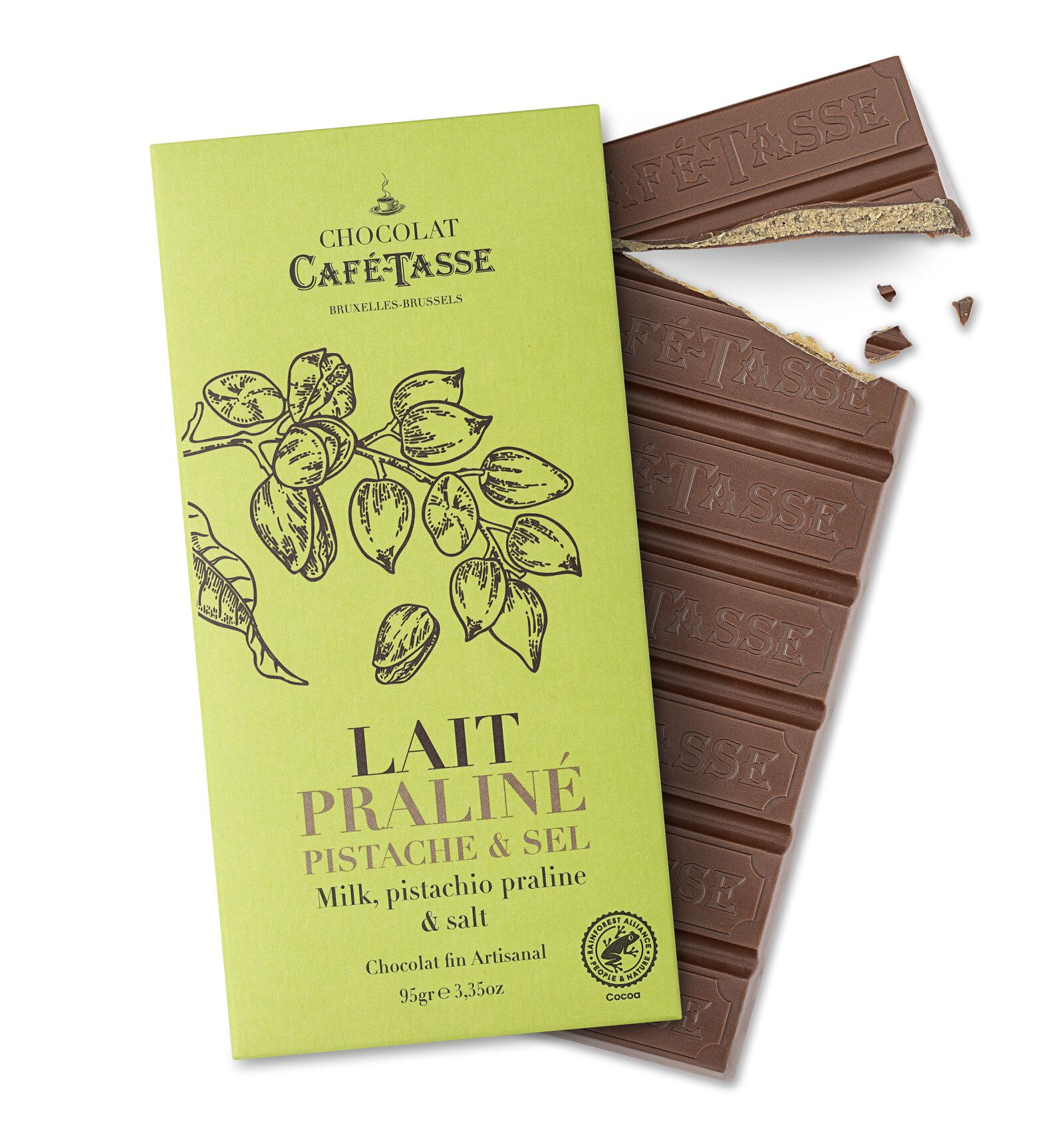 Café-Tasse 38% Milk Chocolate Bar with Pistachio Praline & Salt Lifestyle