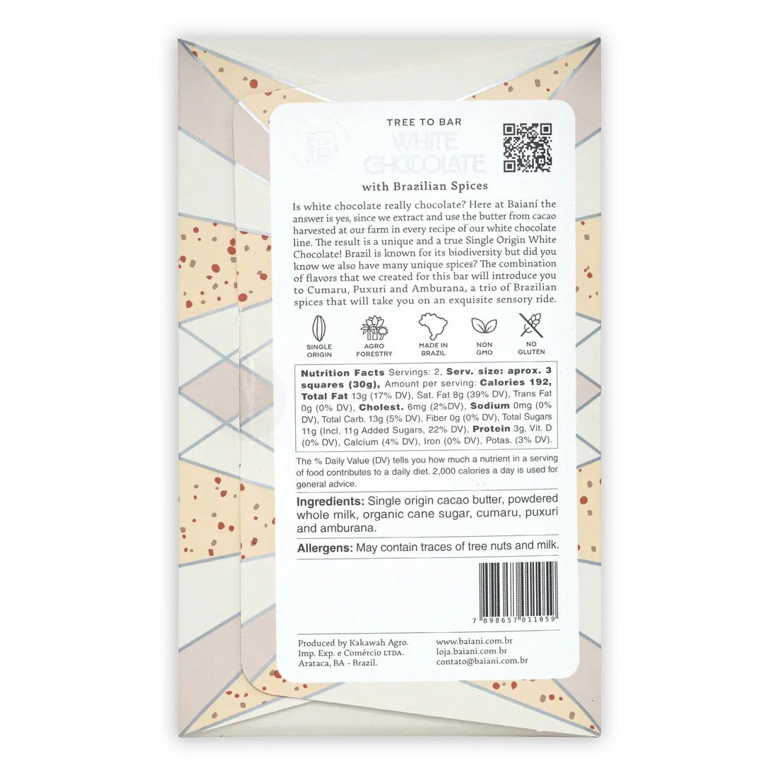 Baiani Brazil White Chocolate Bar with Brazilian Spices Back