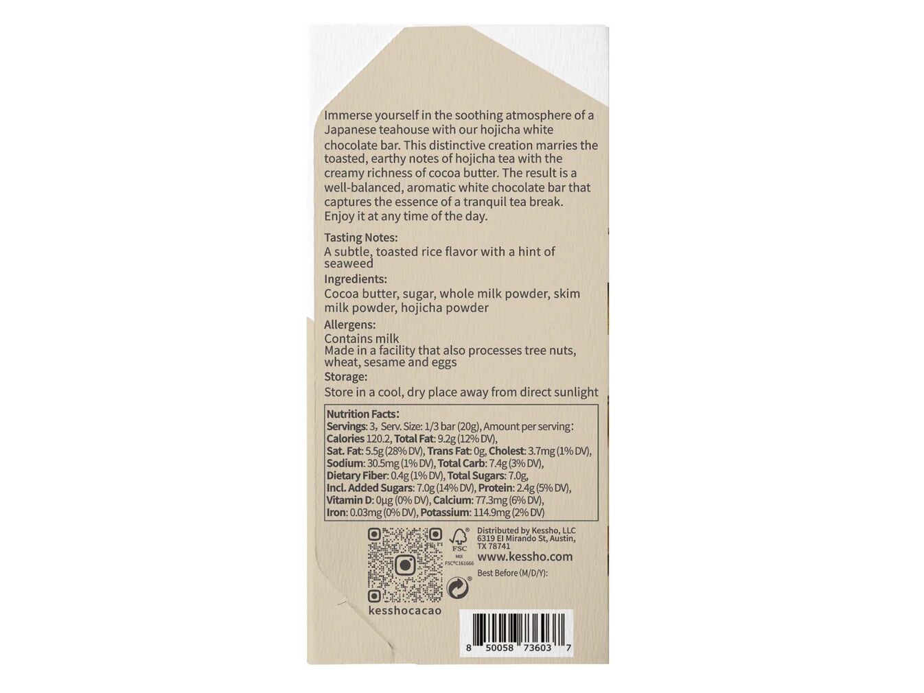 KESSHŌ Hojicha White Chocolate Bar Back