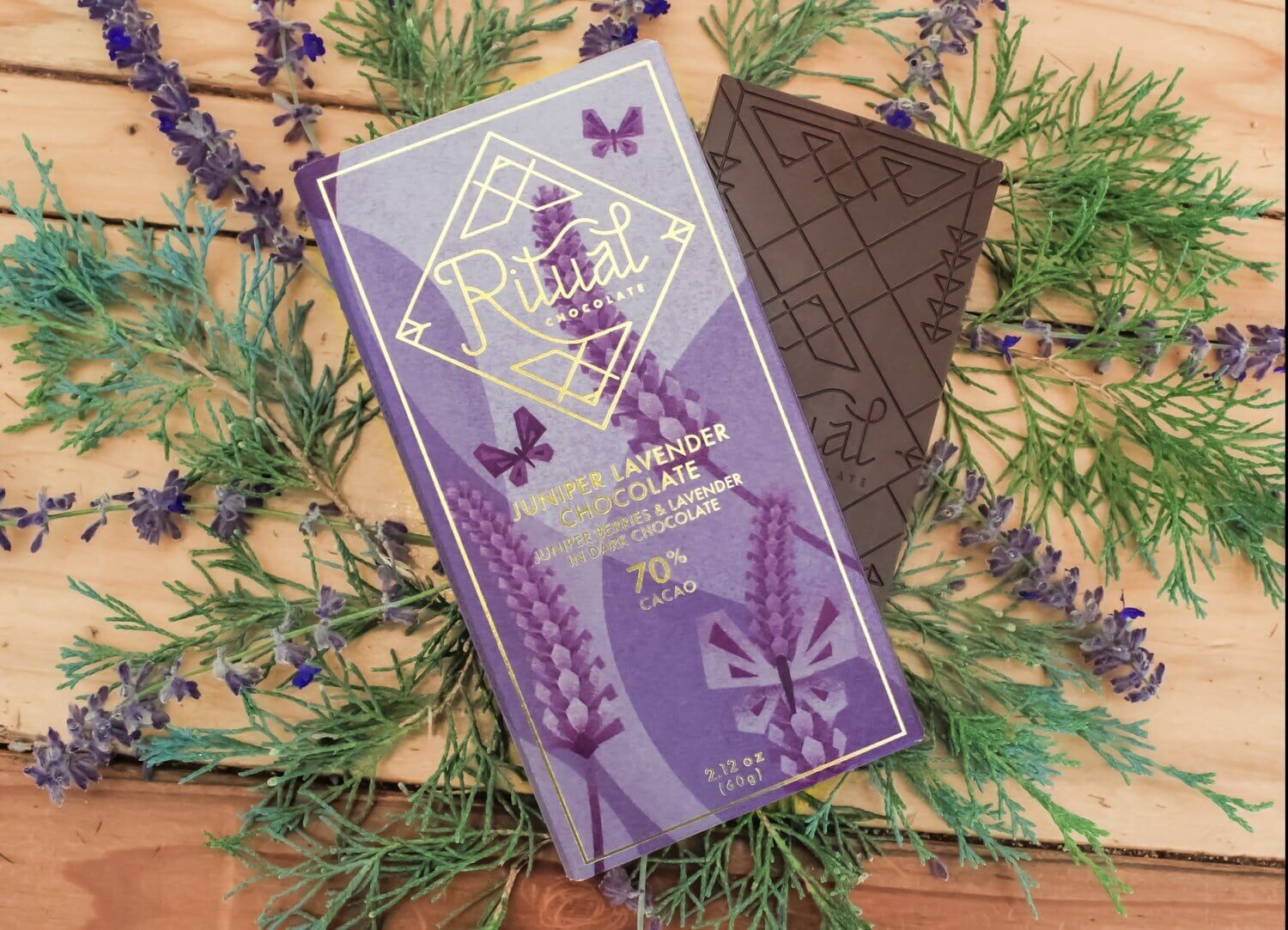 Juniper Lavender 60% Dark Chocolate Bar with Juniper Berries & Lavender Lifestyle-min