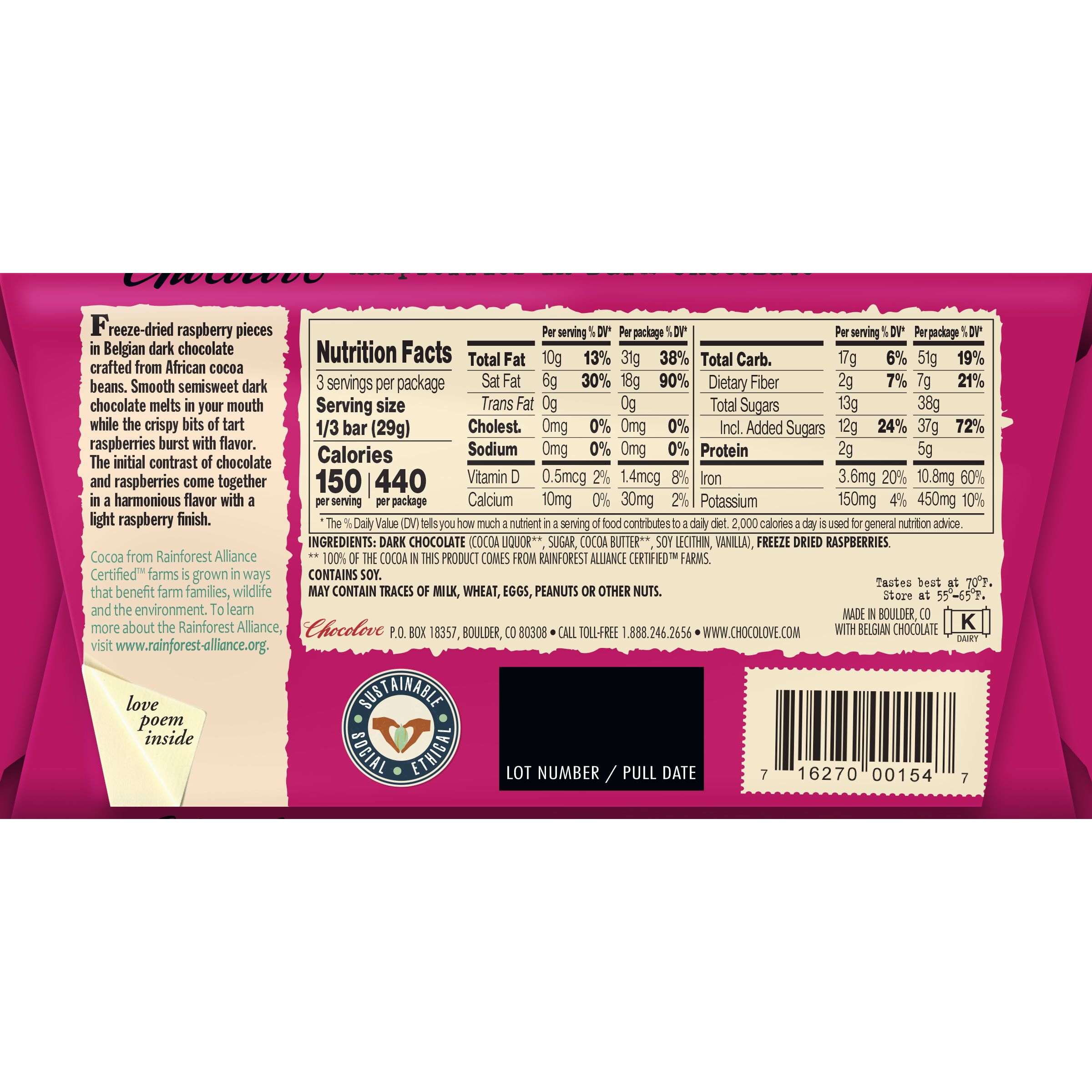 Chocolove 55% Raspberries Dark Chocolate Bar Back