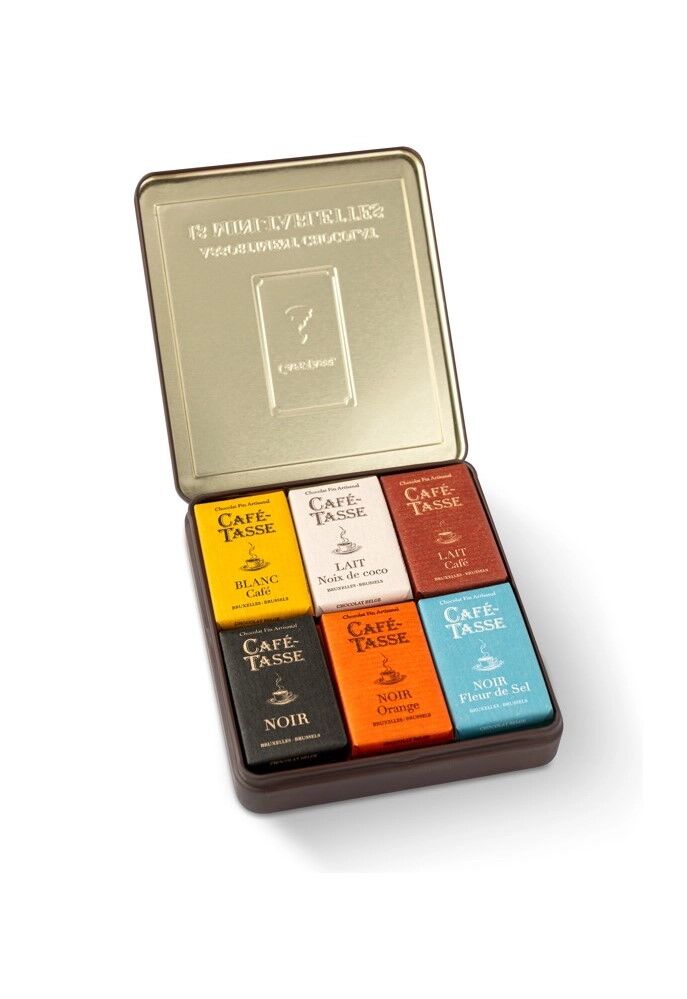 Café-Tasse 18-Piece Assorted Mini Chocolate Bar Tin Open