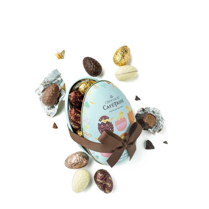 Café-Tasse 12-Piece Assorted Chocolate Eggs in Metal Tin