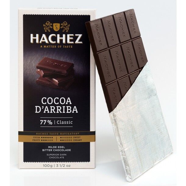 Hachez Cocoa d'Arriba 77% Dark Chocolate Bar open