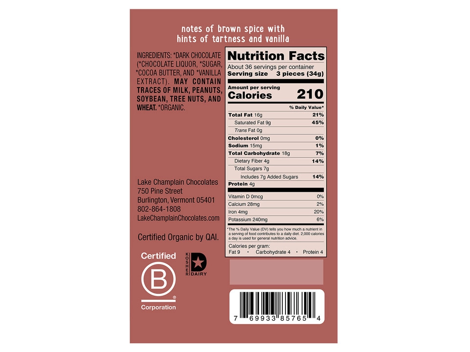 Lake Champlain Chocolates® 80% Dark Chocolate Squares - Nutritional Info