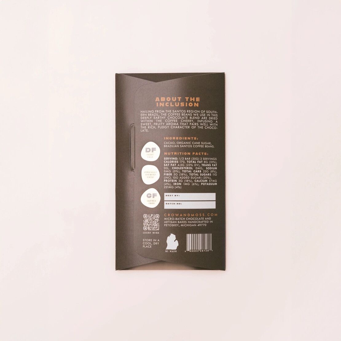 Crow & Moss 67% Dark Chocolate Bar with Brazilian Black Coffee Back