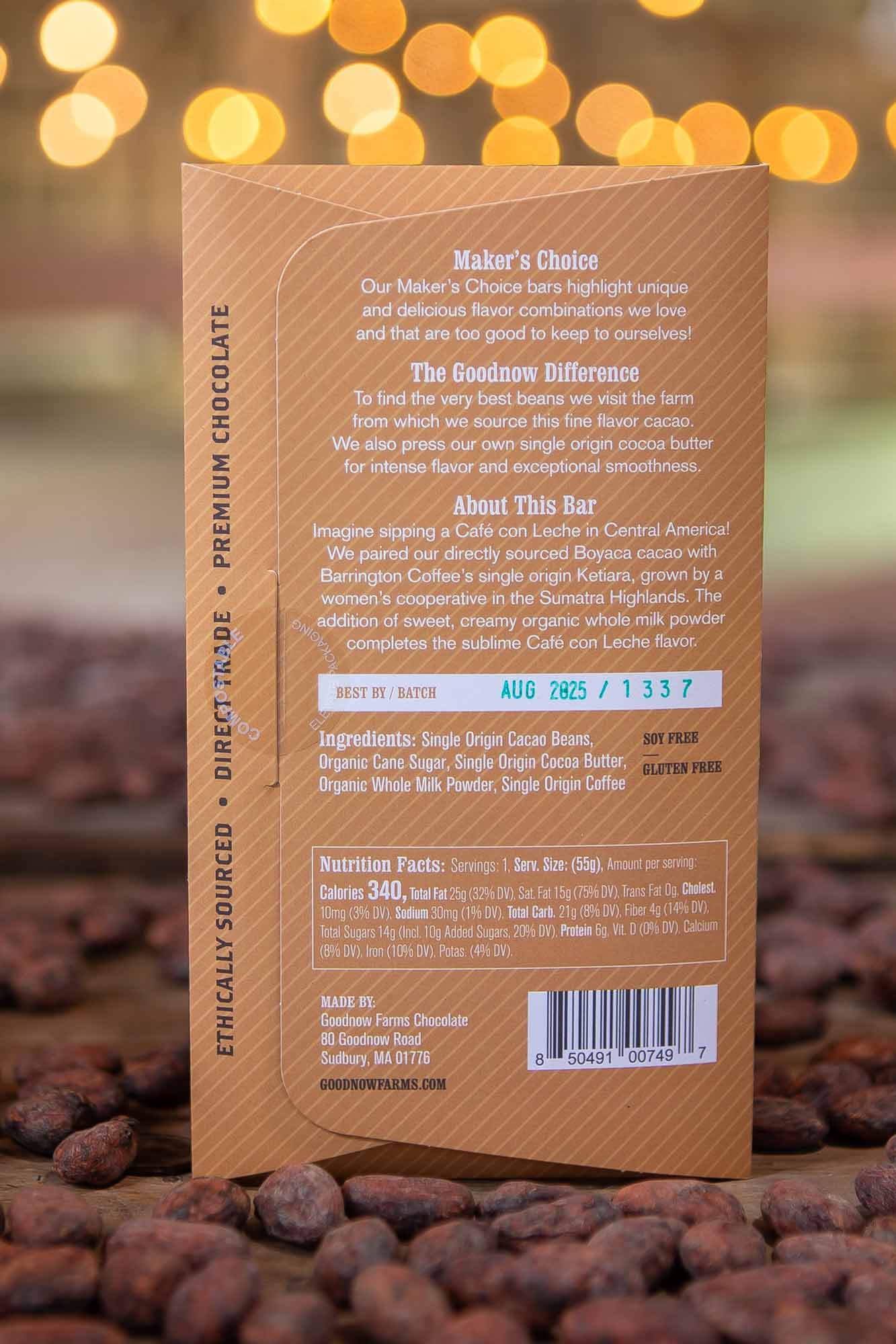 Goodnow Farms Maker's Choice Colombia 63% Dark-Milk Chocolate Bar with Café con Leche Back