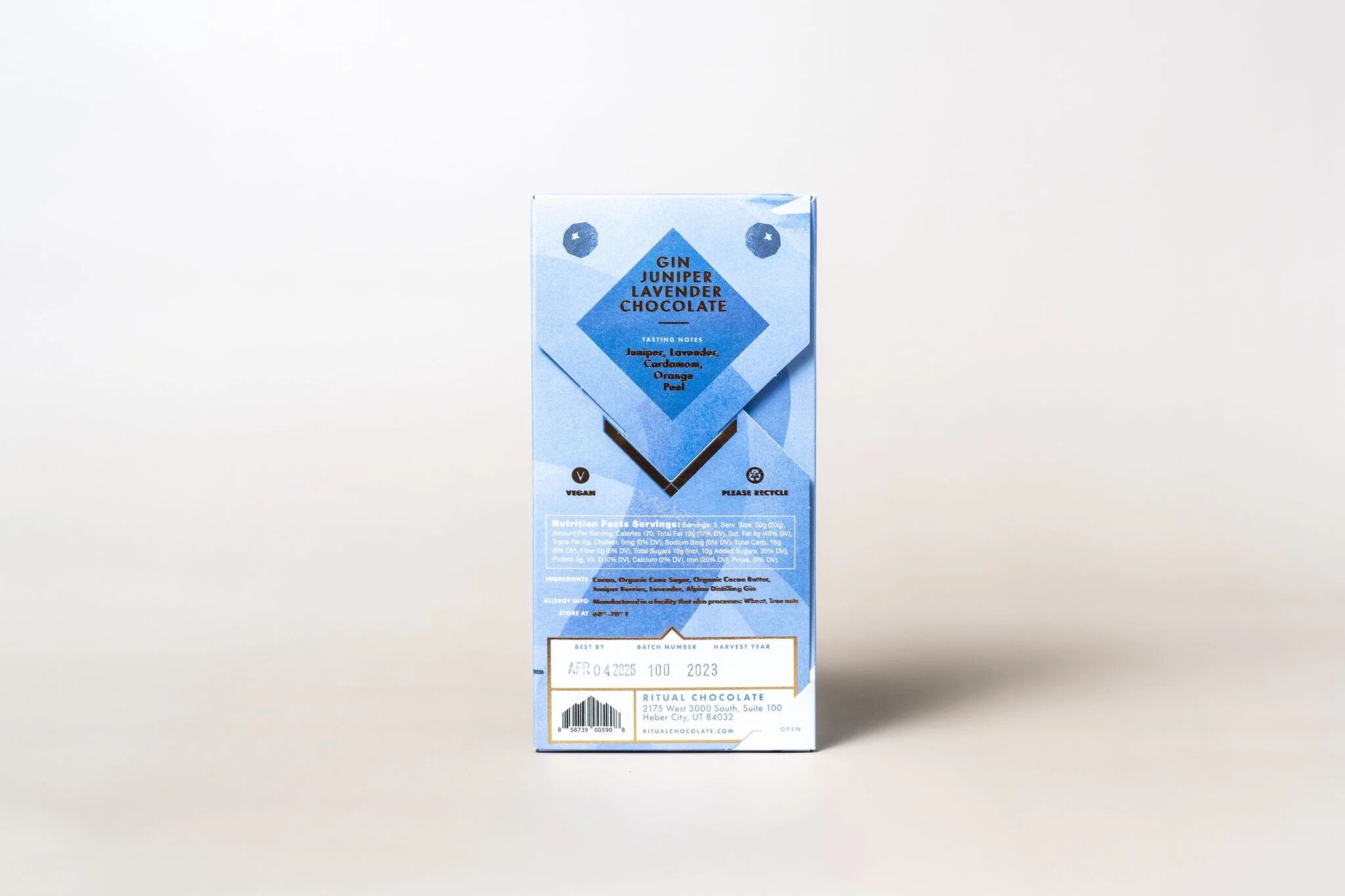 Ritual Chocolate 70% Dark Chocolate Bar with Alpine Distilling Gin, Juniper & Lavender Back