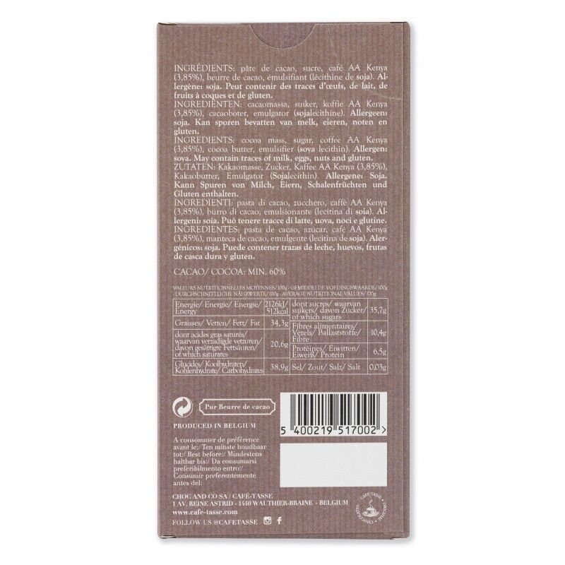 Café-Tasse 60% Dark Chocolate Bar with Kenyan Coffee Back