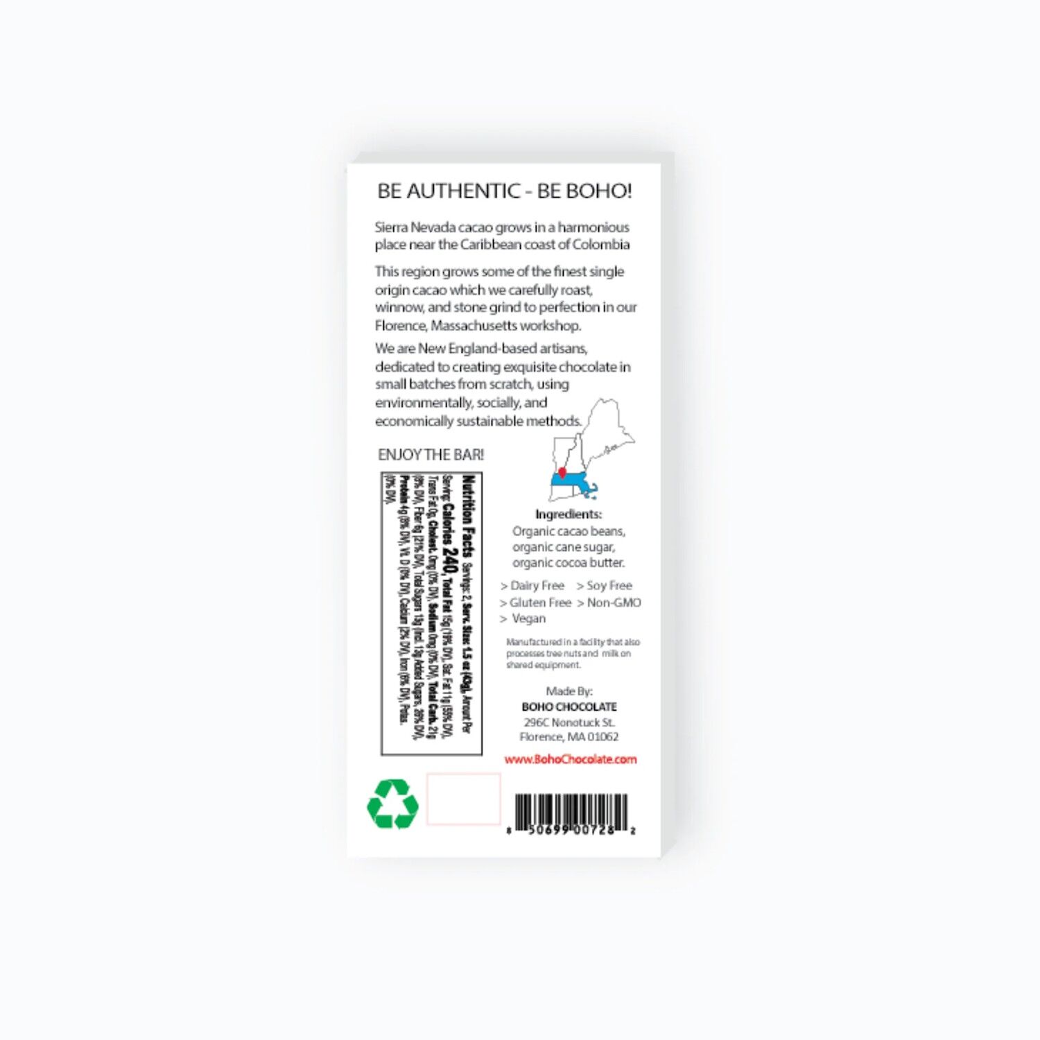 BOHO Chocolate Sierra Nevada Colombia 70% Dark Chocolate Bar Back