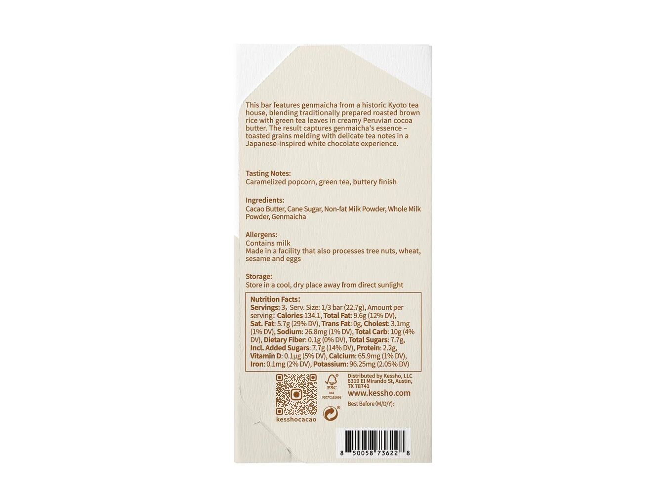 KESSHO Genmaicha White Chocolate Bar Back
