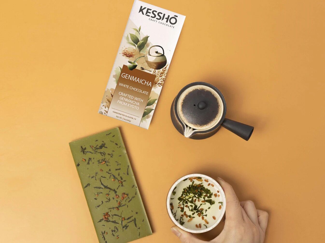 KESSHO Genmaicha White Chocolate Bar Open Lifestyle