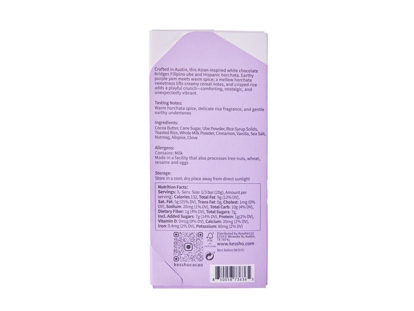 KESSHO Ube Horchata White Chocolate Bar Back