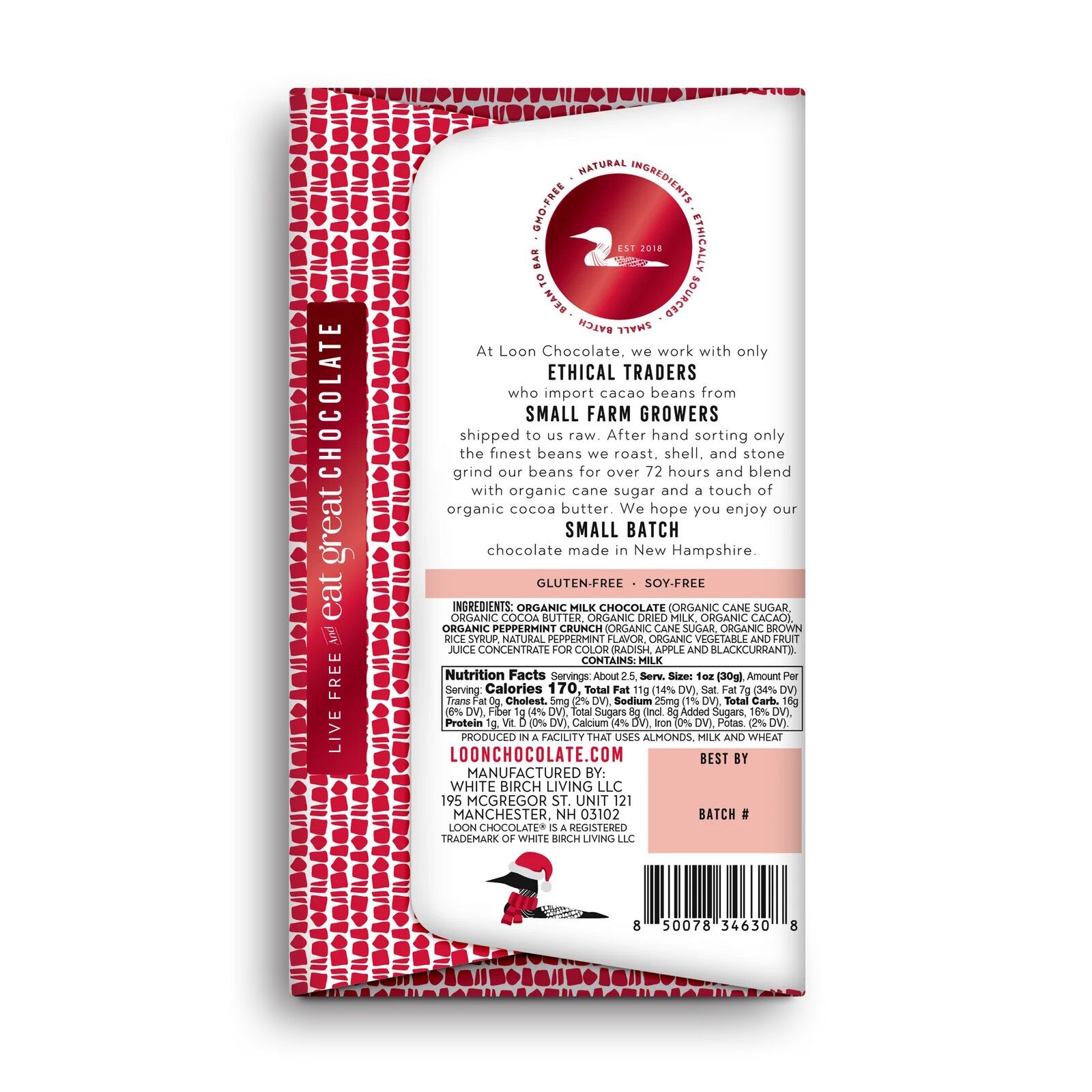 Loon Chocolate Milk Chocolate Bar with Peppermint Crunch Back